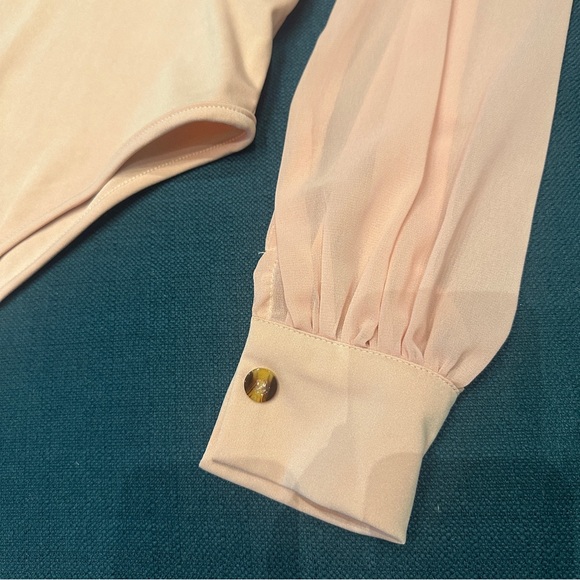 Light pink Privé Surplice Neck Contrast Mesh Wrap Bodysuit - Picture 7 of 7